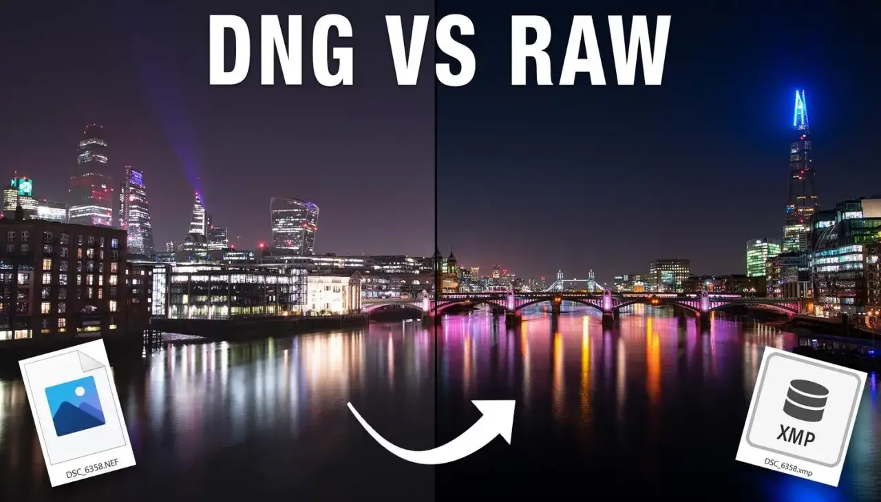 DNG vs RAW: London skyline vid natt. En bild visar en NEF-fil, den andra en XMP-fil.
