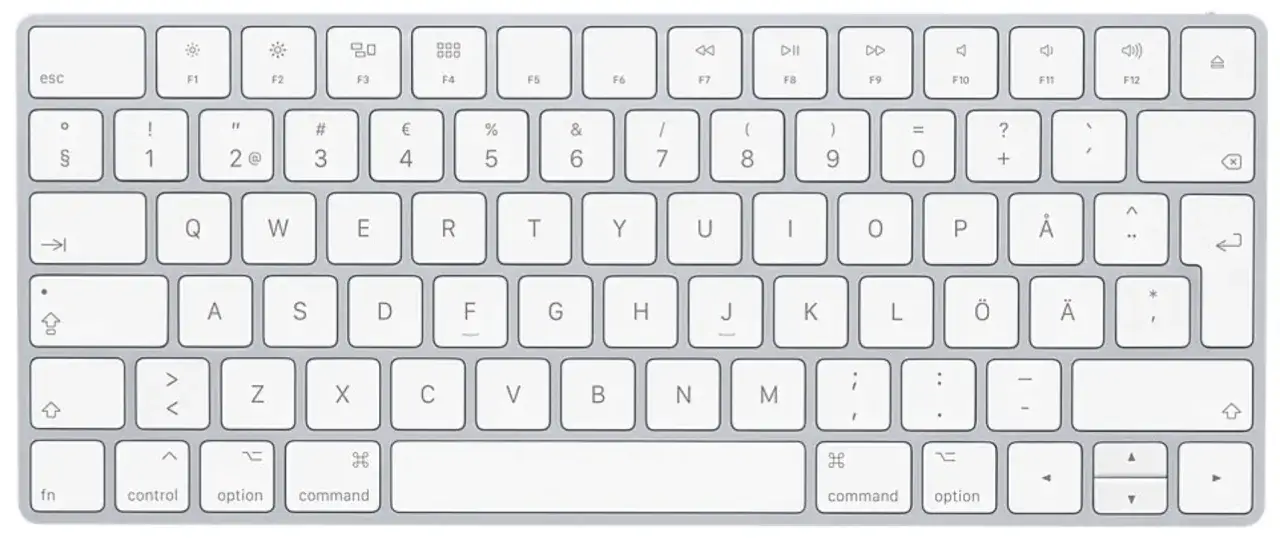 Tangentbord med m&aring;svingar-liknande tangenter. En Mac-tangentbord i silver.