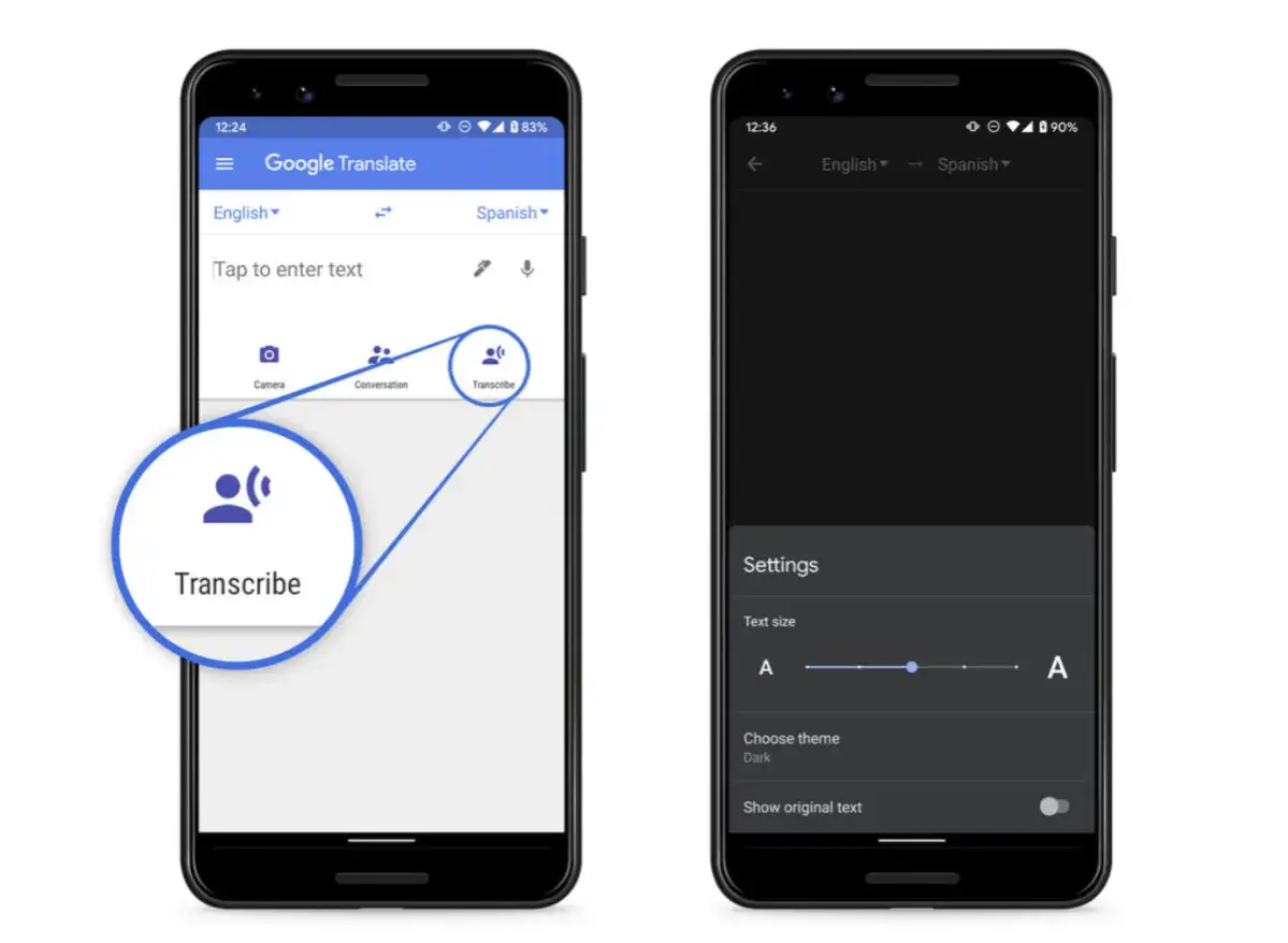 Tv&aring; telefoner visar Google Translate. En med alternativ f&ouml;r kamera, konversation och transkribera. Den andra visar inst&auml;llningar.