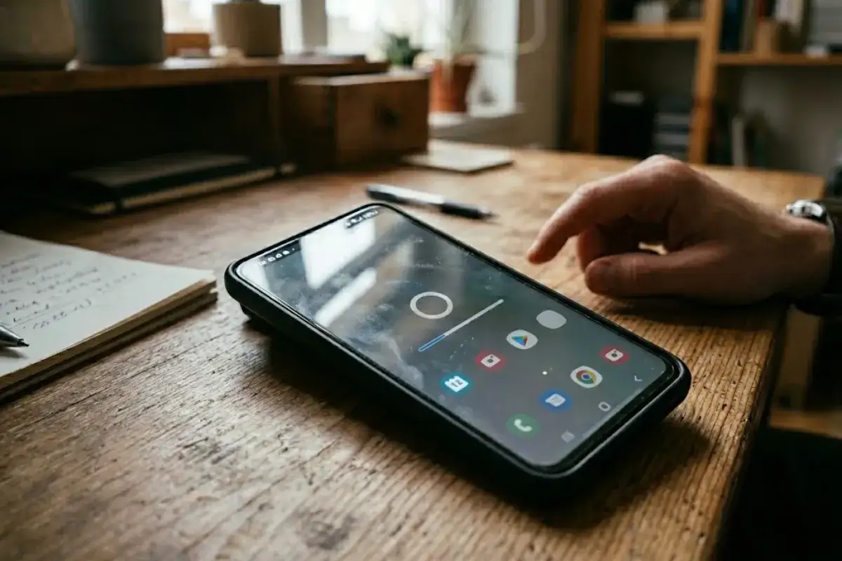 En hand pekar på en smartphone på ett träbord. En anteckningsbok och penna ligger bredvid. Dags att optimera telefonen för produktivitet.