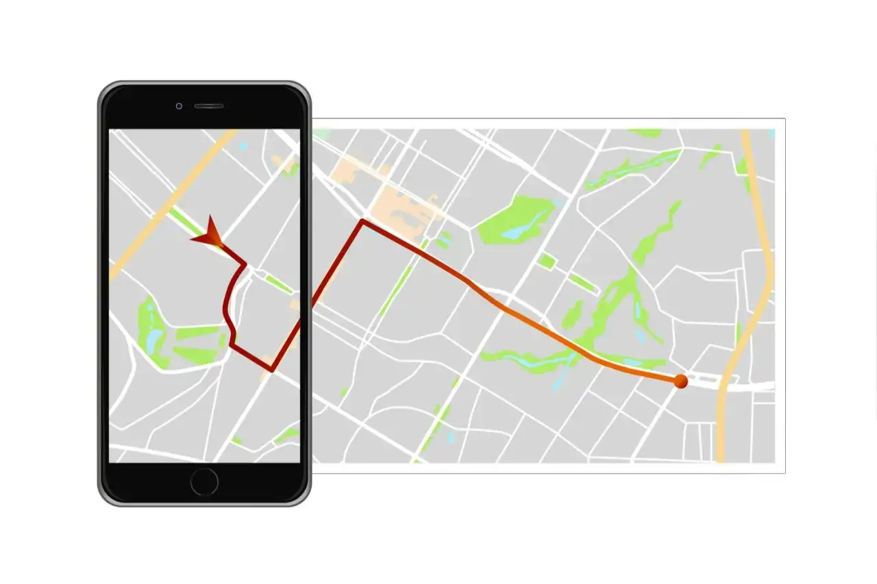 En smartphone visar en karta med en r&ouml;d rutt, liknande hur smartthings find kan visa var dina enheter &auml;r.