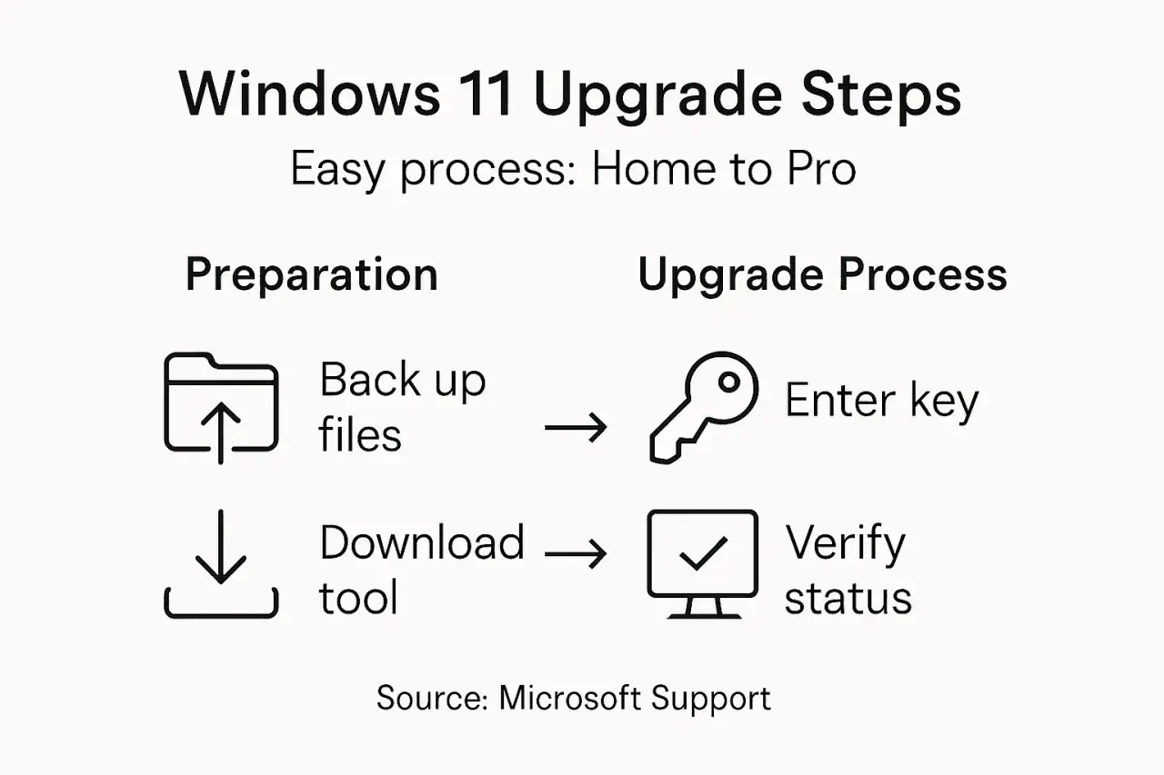Steg f&ouml;r att uppdatera till Windows 11: s&auml;kerhetskopiera filer, ladda ner verktyg, ange nyckel och verifiera status.