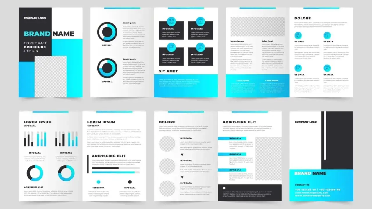 En broschyrdesign med bl&aring; och svarta element, perfekt f&ouml;r en indesign kurs. Visar layoutalternativ och infografik.