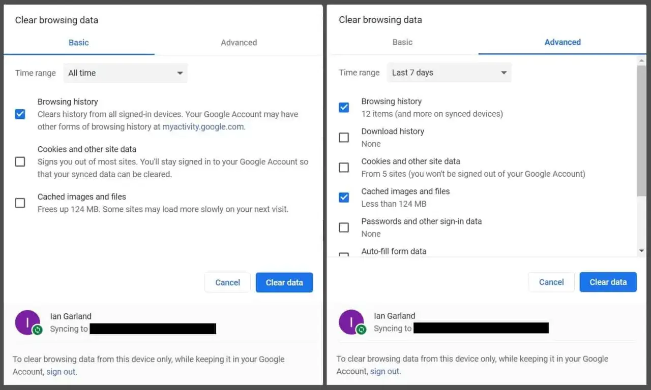 Inställningar för att rensa historik Google. Välj tidsintervall och vad som ska raderas, t.ex. webbhistorik.