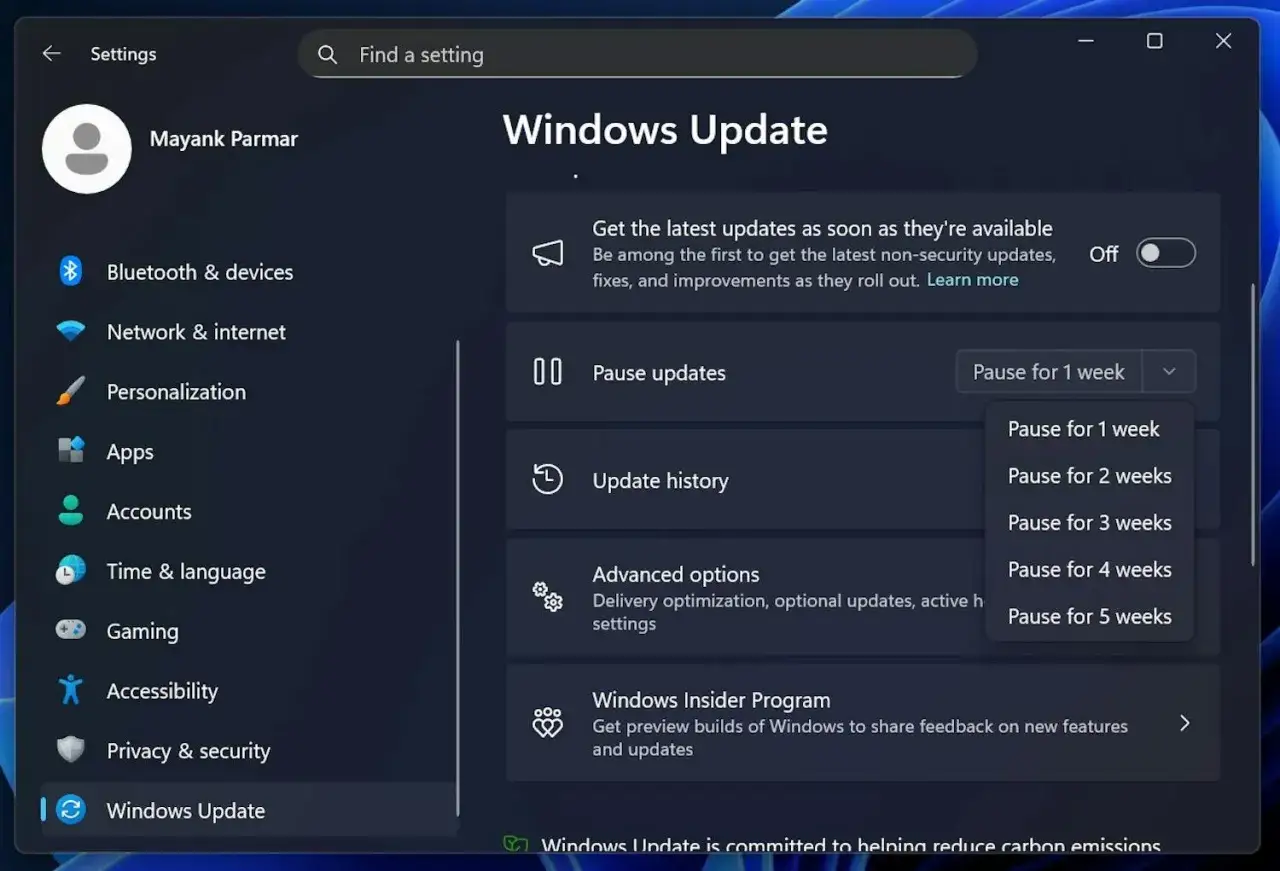 Inställningar för Windows Update. Här kan du pausa uppdateringar för att uppdatera datorn vid ett senare tillfälle.