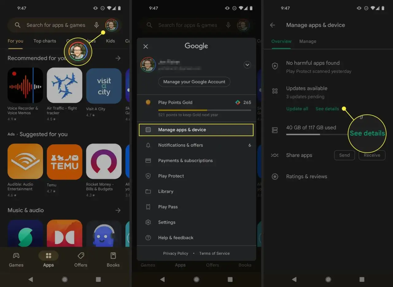 Visar hur man uppdaterar en app i Google Play Butik. Tryck på