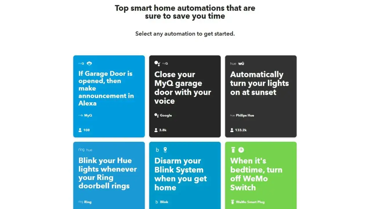 Exempel p&aring; smarta appar f&ouml;r hemmet: garageport som annonserar vid &ouml;ppning, st&auml;ngning med r&ouml;st, lampor vid solnedg&aring;ng, blinkande ljus vid ringklocka, avaktivering av larmsystem vid hemkomst, och avst&auml;ngning av WeMo vid l&auml;ggdags.