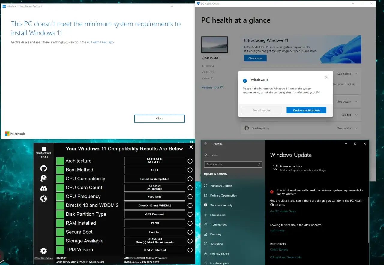 Datorn uppfyller inte kraven f&ouml;r Windows 11. PC Health Check ger information om windows 10 support och vad som kan g&ouml;ras.