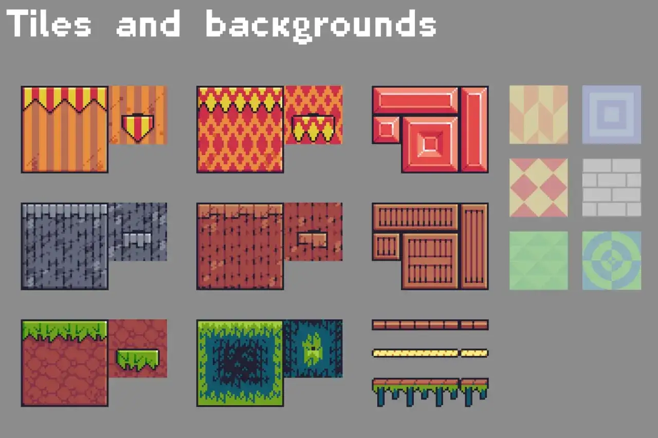 Samling av pixel bilder f&ouml;r spel, med olika teman som sten, tr&auml;, gr&auml;s och mer.