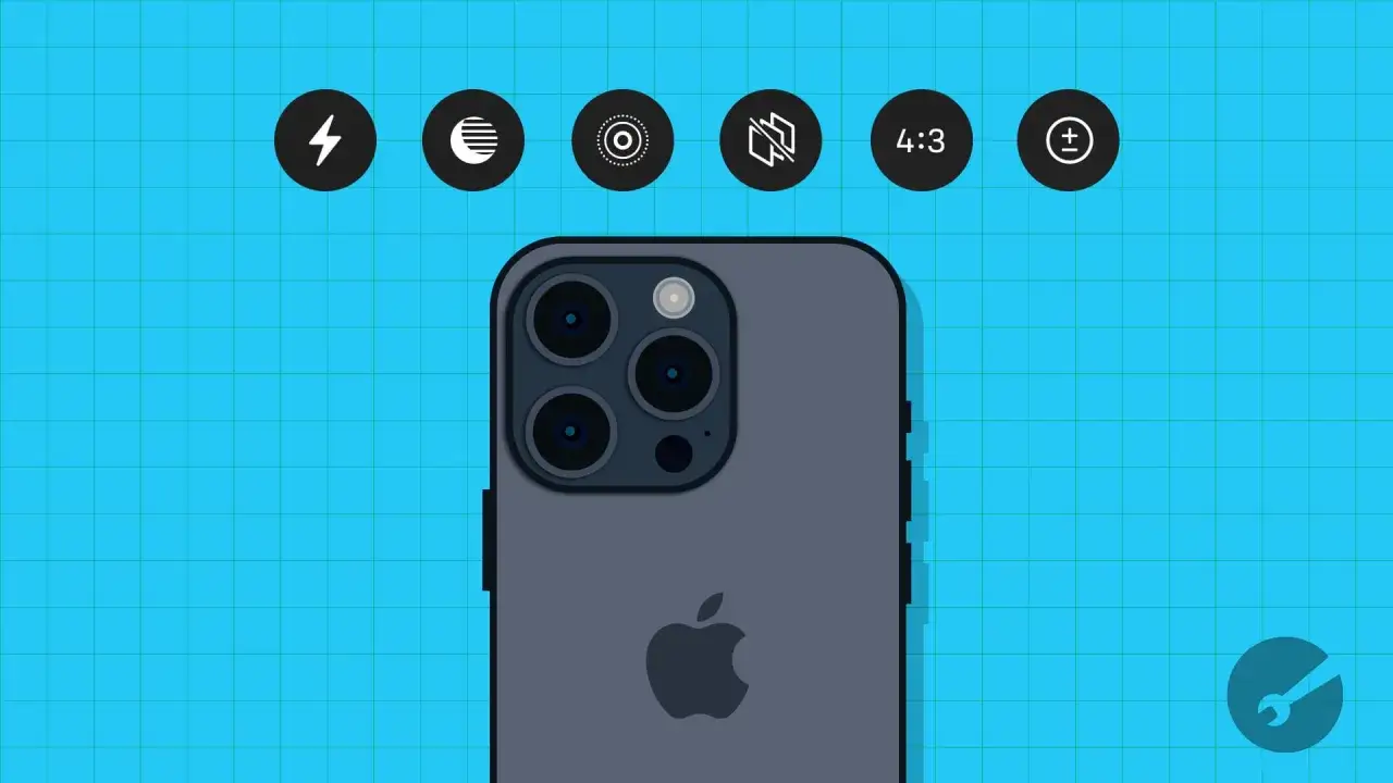 En grå iPhone med tre linser och en blixt. Ovanför syns ikoner för fotolägen, inklusive en live photo-ikon.
