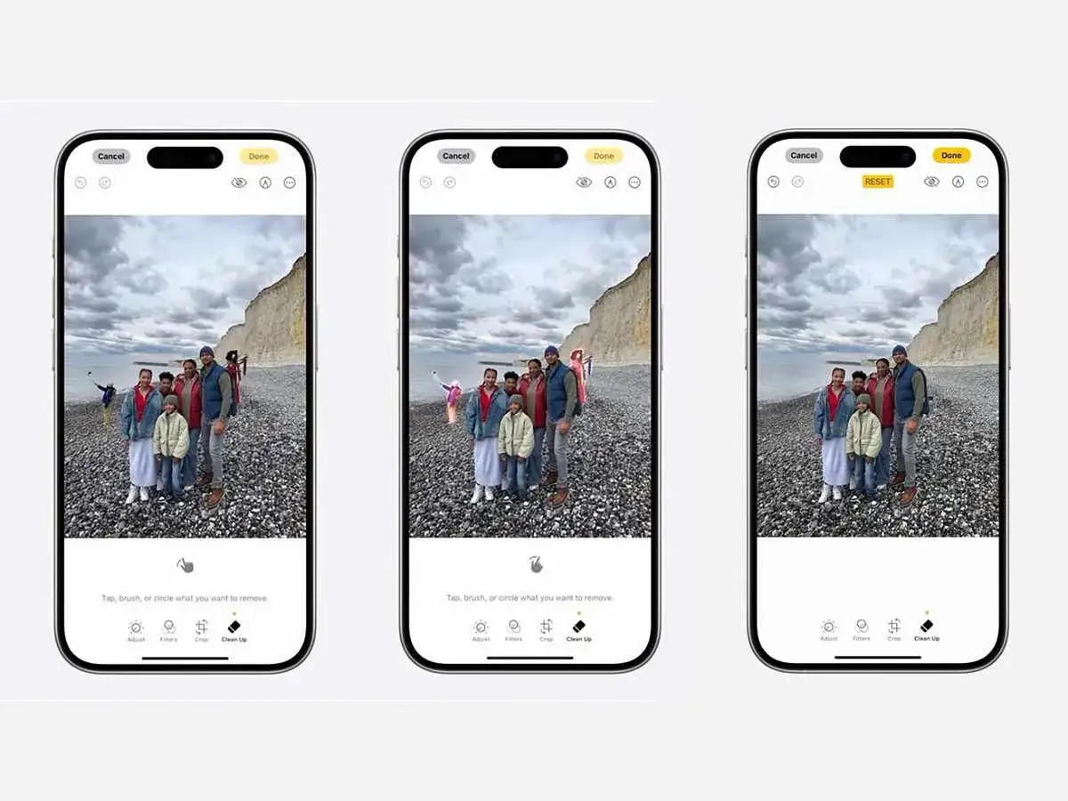 iPhone-skärmar visar hur man kan blurra bilder. En familj på en stenstrand.