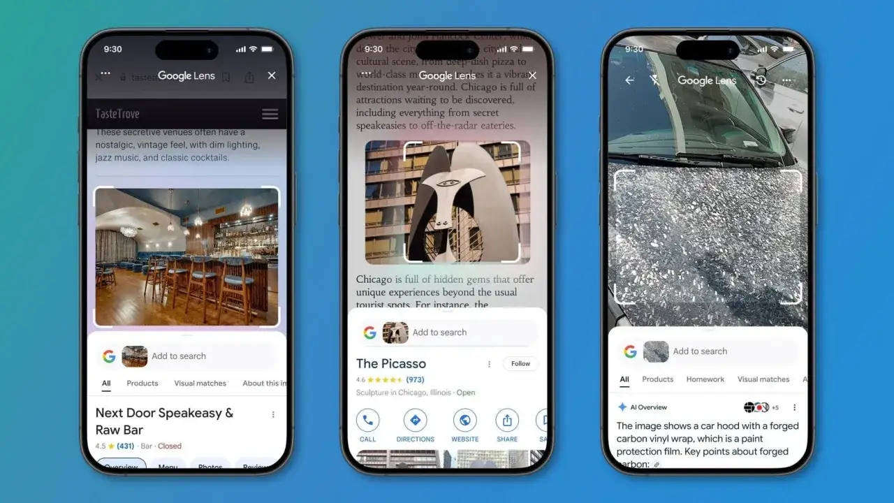 Tre iPhones visar Google Lens som identifierar en bar, en skulptur och en bilhuv med kolfiberfolie.