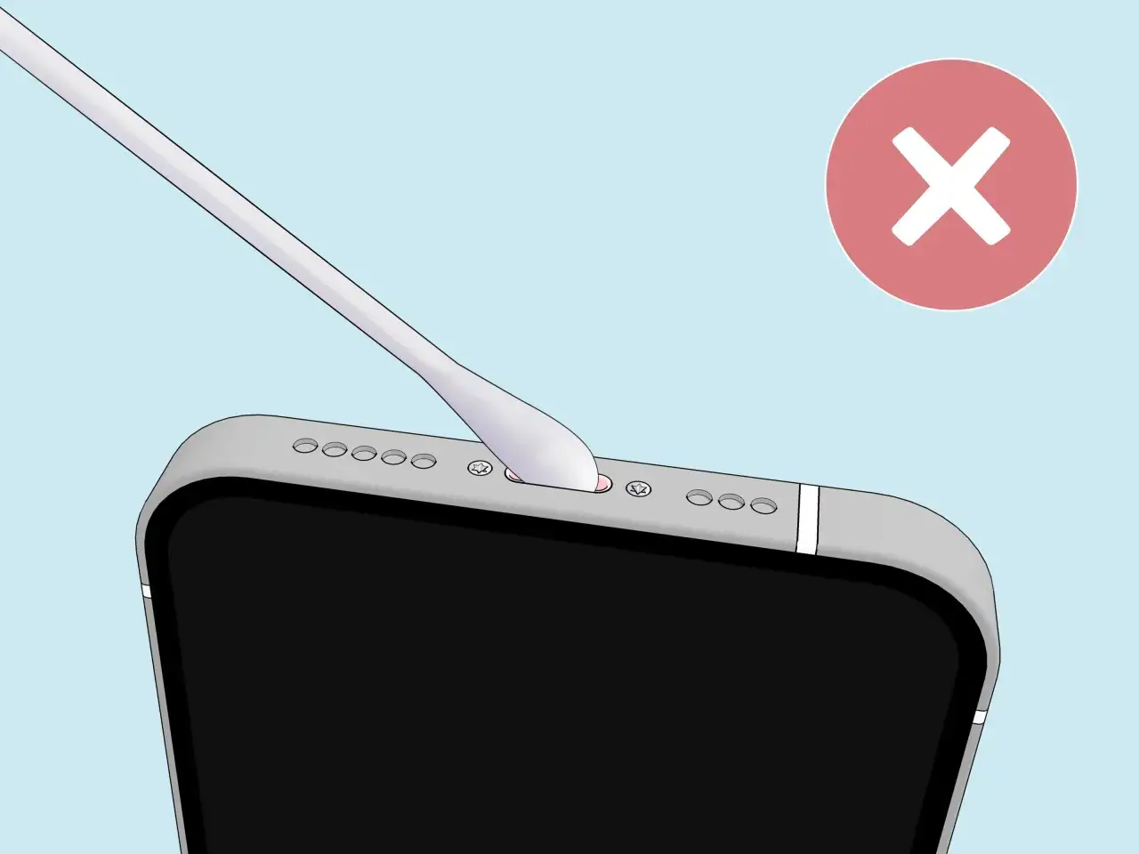 En tops närmar sig laddningsporten på en mobiltelefon, med ett rött kryss som indikerar att man inte ska använda vatten i mobilen.