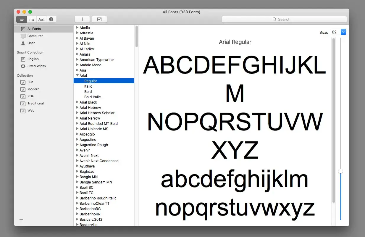 Visar hur man kan installera typsnitt p&aring; Mac. Fonten Arial Regular visas i f&ouml;rhandsgranskningen.