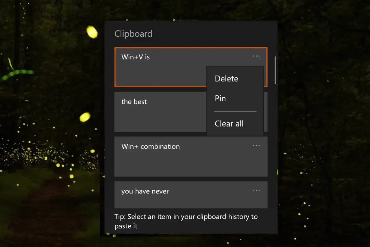 Urklipp i Windows visar nyligen kopierad text. H&auml;r kan du ta bort, f&auml;sta eller rensa allt.