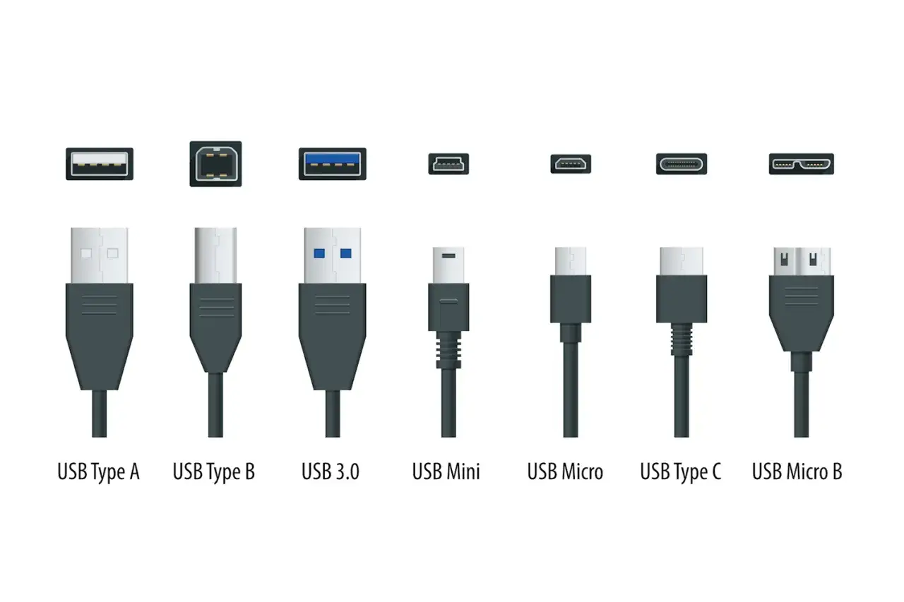 Olika USB-kablar f&ouml;r att koppla telefon till dator med kabel. Visar USB Type A, B, 3.0, Mini, Micro, Type C och Micro B.