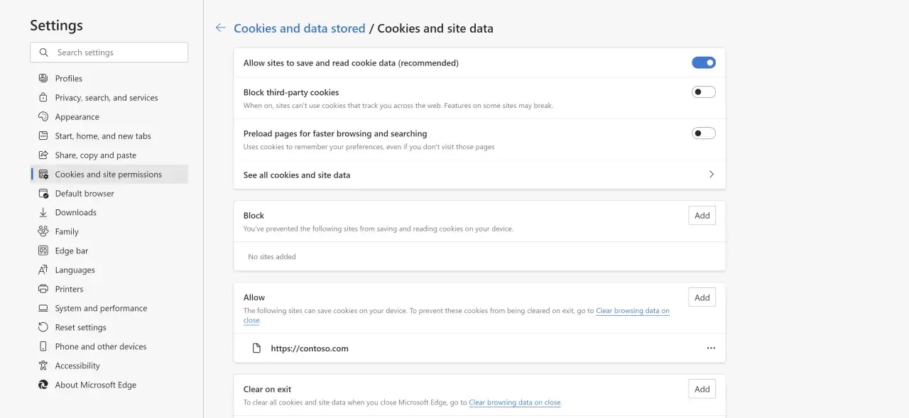 Inst&auml;llningar f&ouml;r cookies och webbplatsdata. H&auml;r kan du hantera hur webbplatser sparar och l&auml;ser cookies, samt v&auml;lja att radera cookies vid avslut.