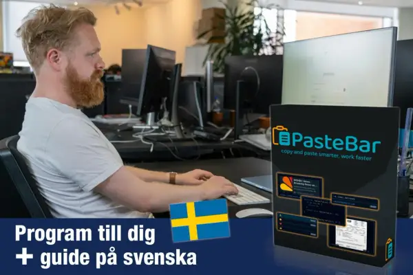 Man som arbetar vid datorn, med en produktbild för PasteBar som visar hur kopierar man på dator. Svensk guide medföljer.