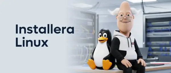 En glad gubbe och pingvinen Tux bredvid texten "Installera Linux" i en serverhall.