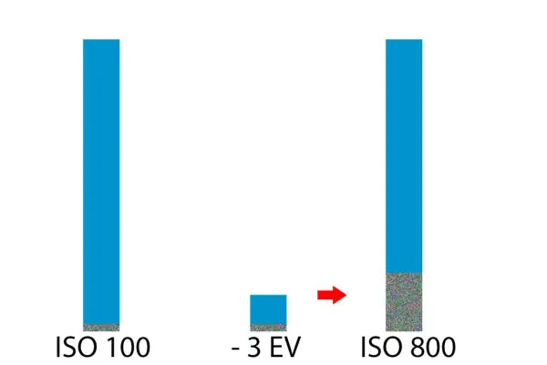 Visar hur brus ökar med högre iso kamera inställningar. Från ISO 100 till ISO 800, med en minskning på -3 EV, syns mer kornighet.