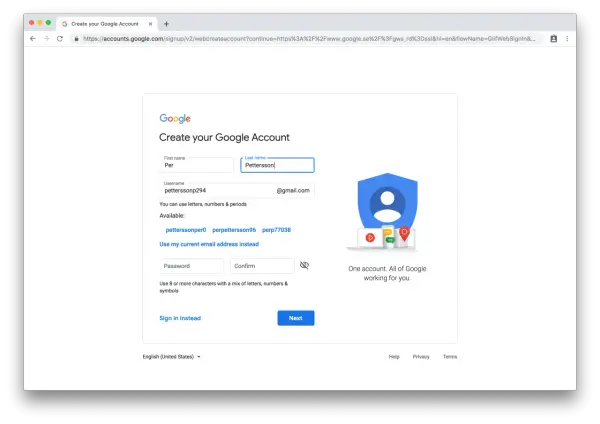 Skapa Google konto: Fyll i dina uppgifter för att skapa ett nytt Google-konto. Välj ett användarnamn och lösenord.
