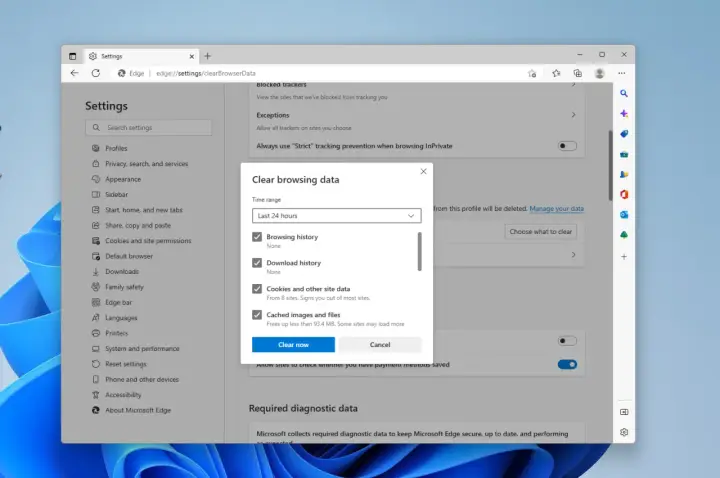 Fönstret "Rensa webbhistorik" i Microsoft Edge visar alternativ för att rensa historik, cookies och cache. Perfekt för att rensa historik android.
