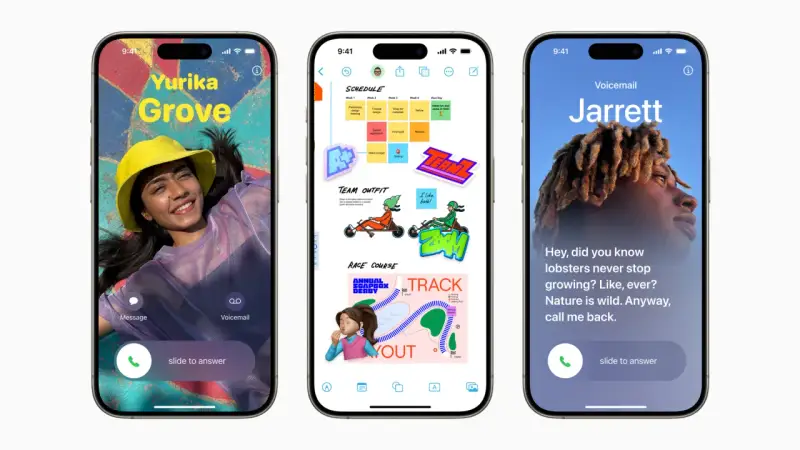 Tre iPhones visar nya funktioner i senaste iOS: en inkommande samtalsskärm med bild, en schemalagd projektplan och ett röstmeddelande.